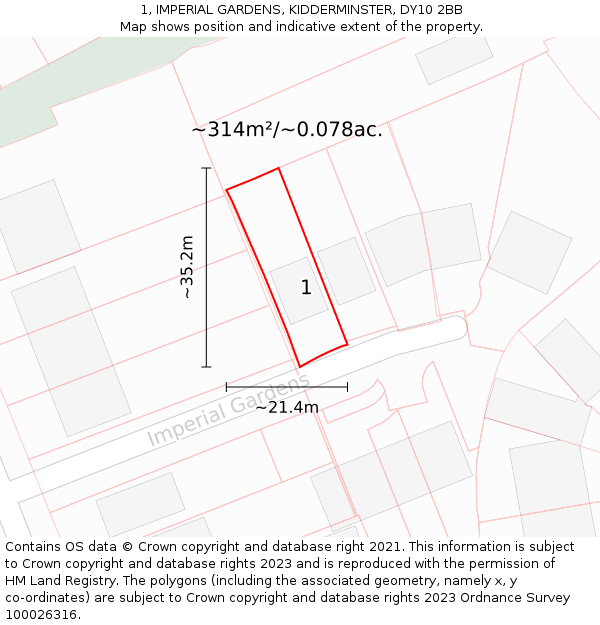 1, IMPERIAL GARDENS, KIDDERMINSTER, DY10 2BB: Plot and title map