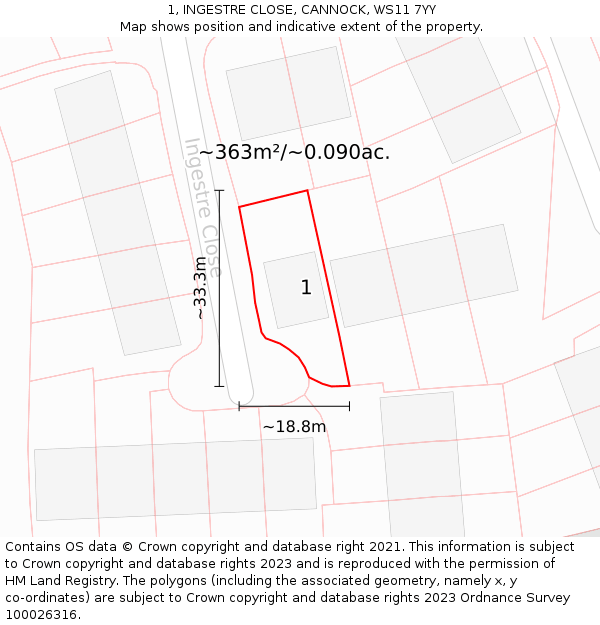 1, INGESTRE CLOSE, CANNOCK, WS11 7YY: Plot and title map