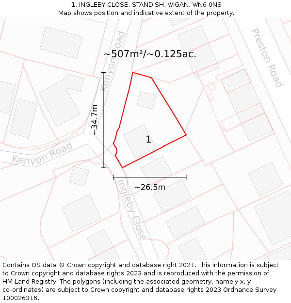 1, INGLEBY CLOSE, STANDISH, WIGAN, WN6 0NS: Plot and title map