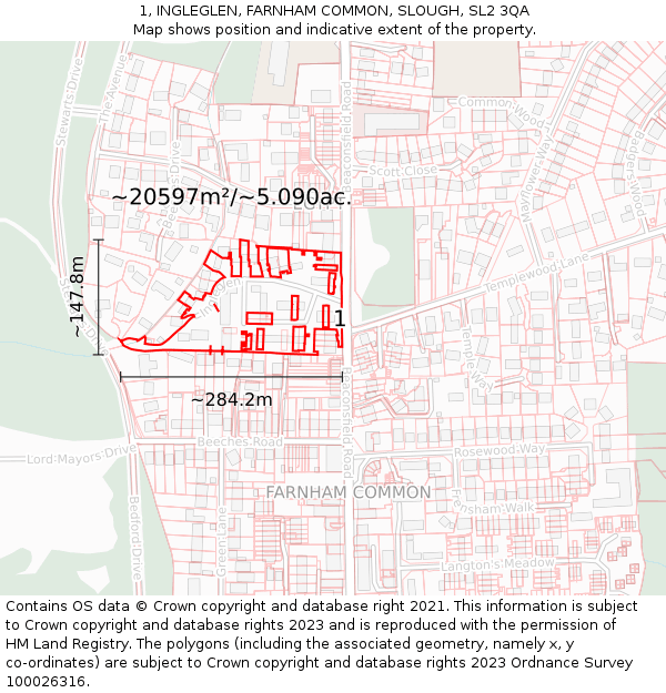 1, INGLEGLEN, FARNHAM COMMON, SLOUGH, SL2 3QA: Plot and title map