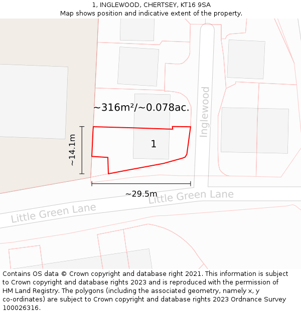 1, INGLEWOOD, CHERTSEY, KT16 9SA: Plot and title map