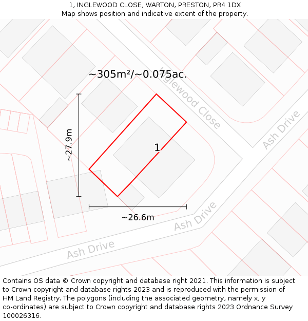 1, INGLEWOOD CLOSE, WARTON, PRESTON, PR4 1DX: Plot and title map