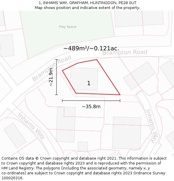 1, INHAMS WAY, GRAFHAM, HUNTINGDON, PE28 0UT: Plot and title map