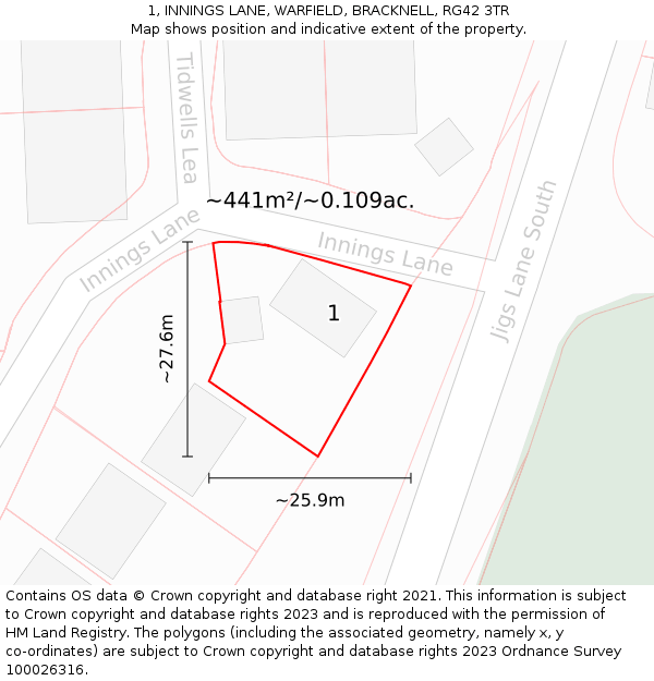 1, INNINGS LANE, WARFIELD, BRACKNELL, RG42 3TR: Plot and title map