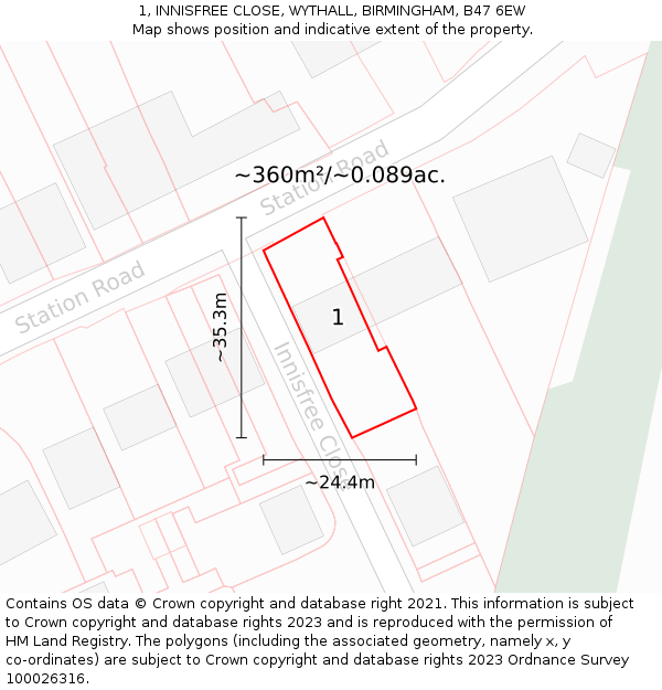 1, INNISFREE CLOSE, WYTHALL, BIRMINGHAM, B47 6EW: Plot and title map