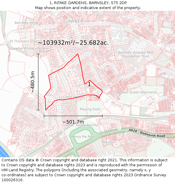 1, INTAKE GARDENS, BARNSLEY, S75 2DP: Plot and title map