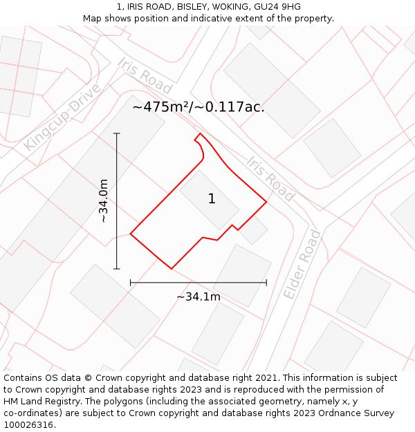 1, IRIS ROAD, BISLEY, WOKING, GU24 9HG: Plot and title map
