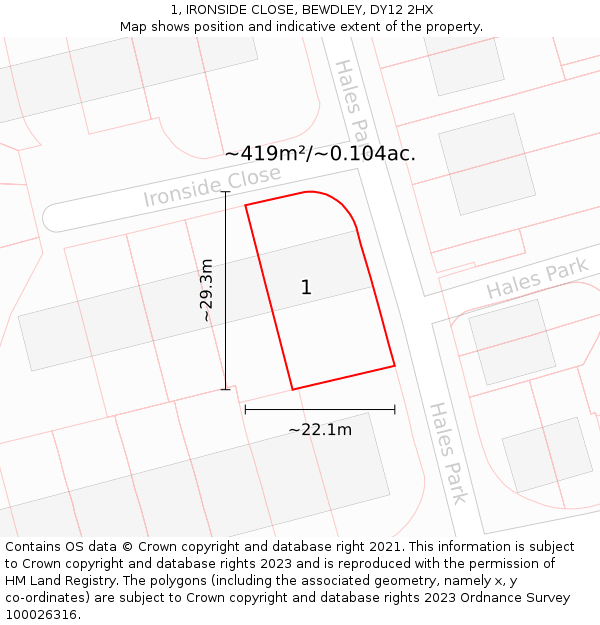 1, IRONSIDE CLOSE, BEWDLEY, DY12 2HX: Plot and title map
