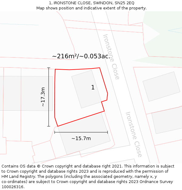 1, IRONSTONE CLOSE, SWINDON, SN25 2EQ: Plot and title map