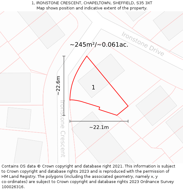 1, IRONSTONE CRESCENT, CHAPELTOWN, SHEFFIELD, S35 3XT: Plot and title map