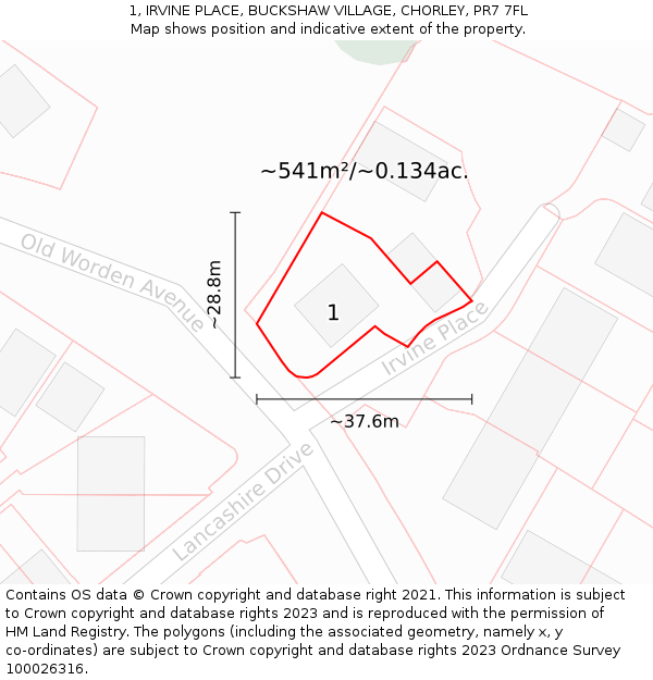 1, IRVINE PLACE, BUCKSHAW VILLAGE, CHORLEY, PR7 7FL: Plot and title map