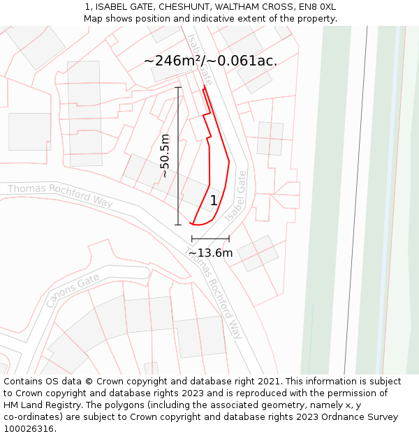 1, ISABEL GATE, CHESHUNT, WALTHAM CROSS, EN8 0XL: Plot and title map