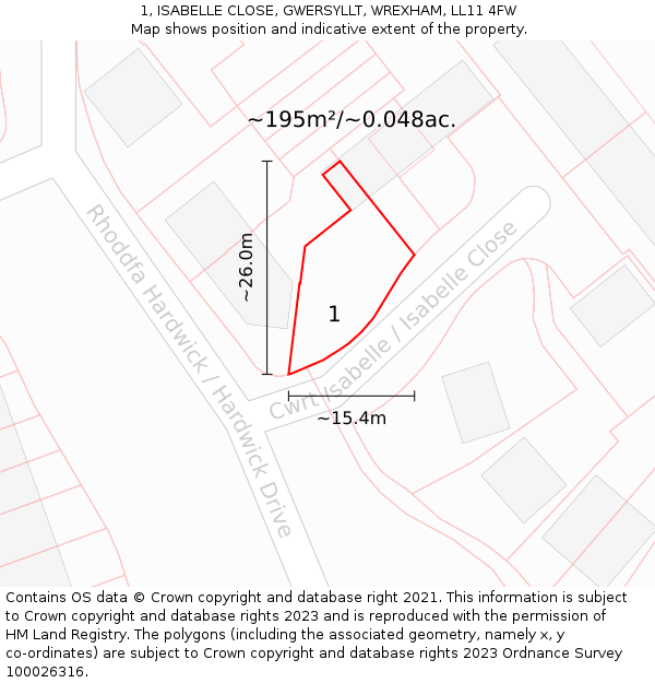 1, ISABELLE CLOSE, GWERSYLLT, WREXHAM, LL11 4FW: Plot and title map