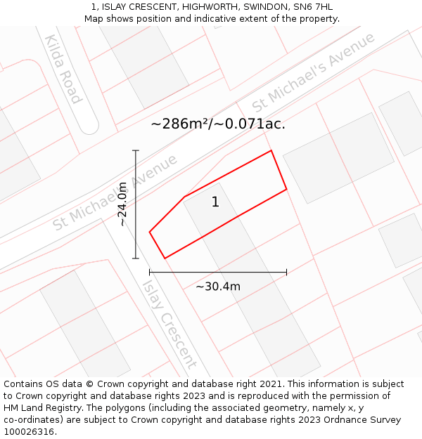 1, ISLAY CRESCENT, HIGHWORTH, SWINDON, SN6 7HL: Plot and title map