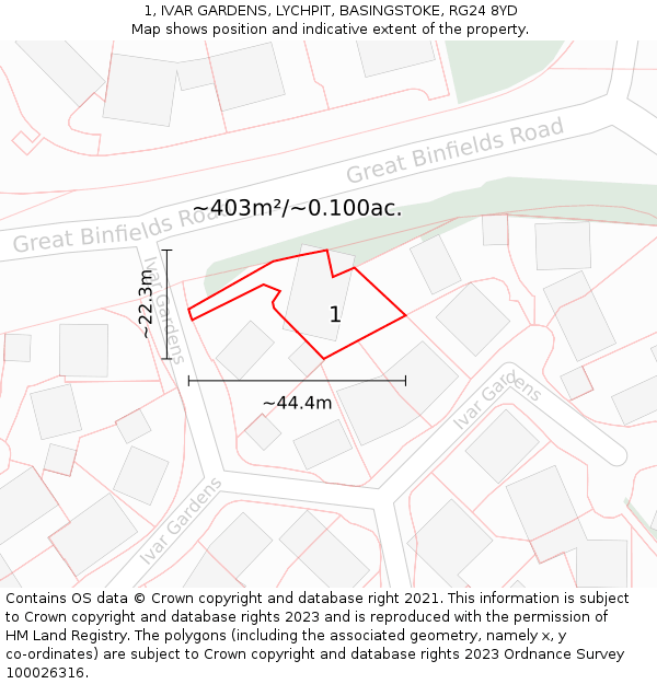 1, IVAR GARDENS, LYCHPIT, BASINGSTOKE, RG24 8YD: Plot and title map
