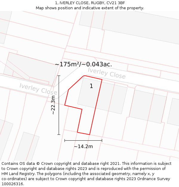 1, IVERLEY CLOSE, RUGBY, CV21 3BF: Plot and title map
