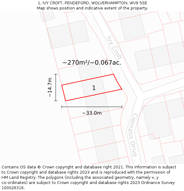 1, IVY CROFT, PENDEFORD, WOLVERHAMPTON, WV9 5SE: Plot and title map