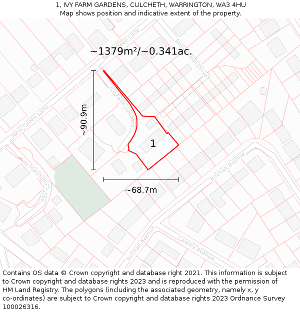 1, IVY FARM GARDENS, CULCHETH, WARRINGTON, WA3 4HU: Plot and title map