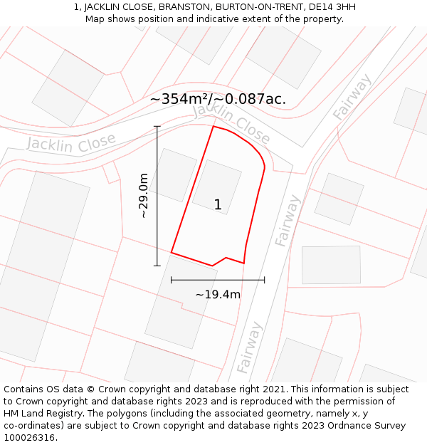 1, JACKLIN CLOSE, BRANSTON, BURTON-ON-TRENT, DE14 3HH: Plot and title map