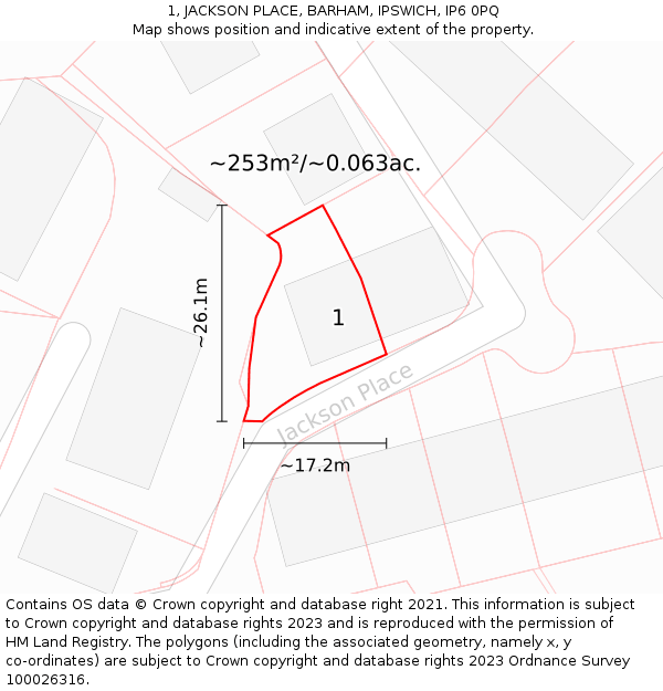 1, JACKSON PLACE, BARHAM, IPSWICH, IP6 0PQ: Plot and title map
