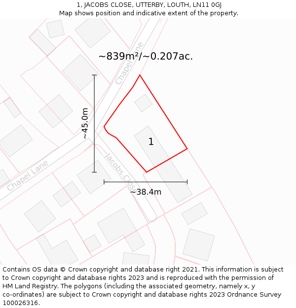 1, JACOBS CLOSE, UTTERBY, LOUTH, LN11 0GJ: Plot and title map