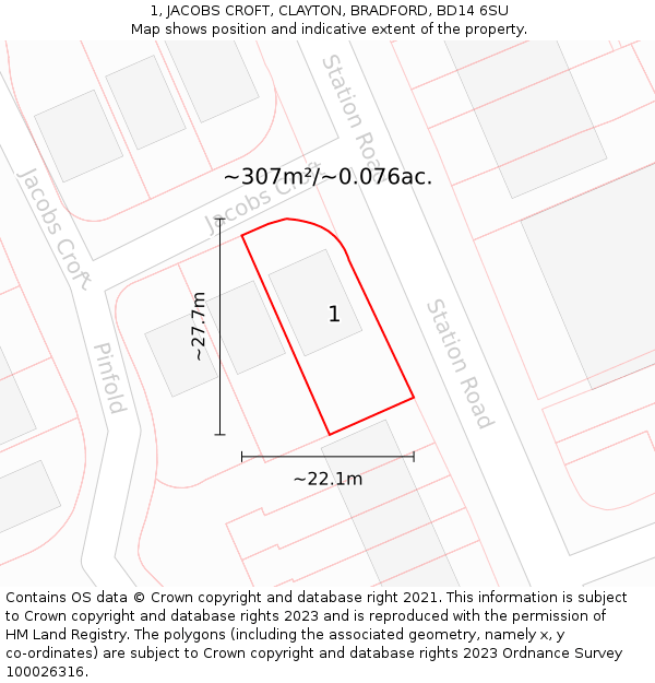 1, JACOBS CROFT, CLAYTON, BRADFORD, BD14 6SU: Plot and title map