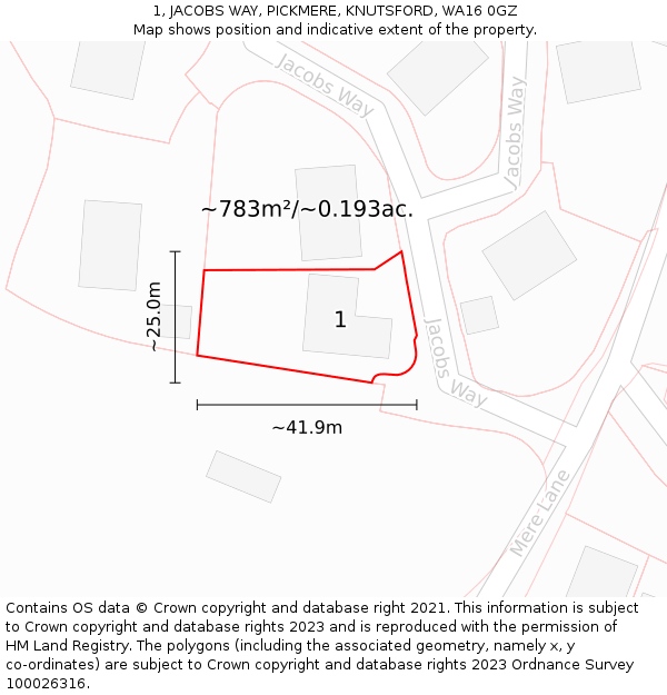 1, JACOBS WAY, PICKMERE, KNUTSFORD, WA16 0GZ: Plot and title map