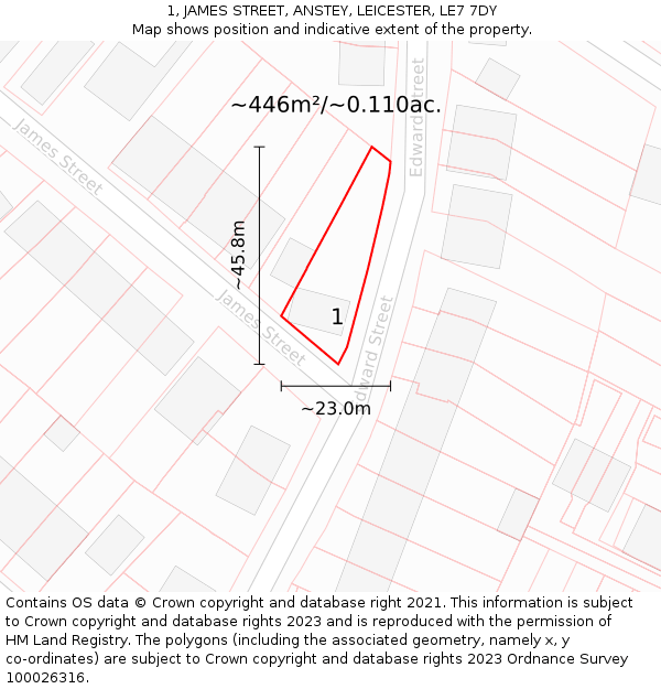 1, JAMES STREET, ANSTEY, LEICESTER, LE7 7DY: Plot and title map