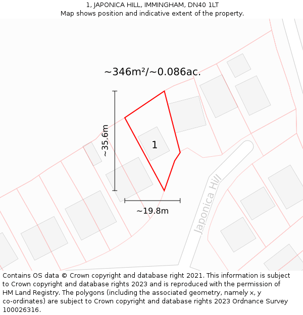 1, JAPONICA HILL, IMMINGHAM, DN40 1LT: Plot and title map