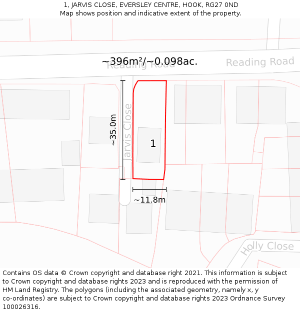 1, JARVIS CLOSE, EVERSLEY CENTRE, HOOK, RG27 0ND: Plot and title map