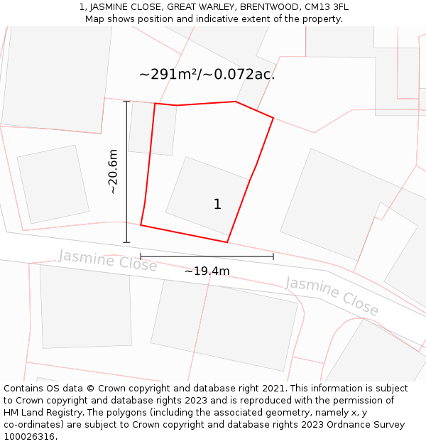 1, JASMINE CLOSE, GREAT WARLEY, BRENTWOOD, CM13 3FL: Plot and title map