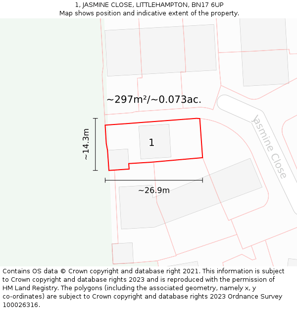 1, JASMINE CLOSE, LITTLEHAMPTON, BN17 6UP: Plot and title map
