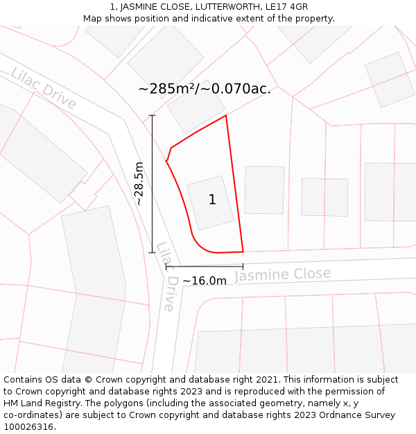 1, JASMINE CLOSE, LUTTERWORTH, LE17 4GR: Plot and title map