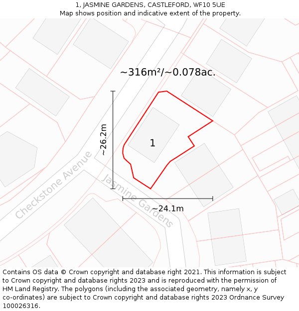 1, JASMINE GARDENS, CASTLEFORD, WF10 5UE: Plot and title map