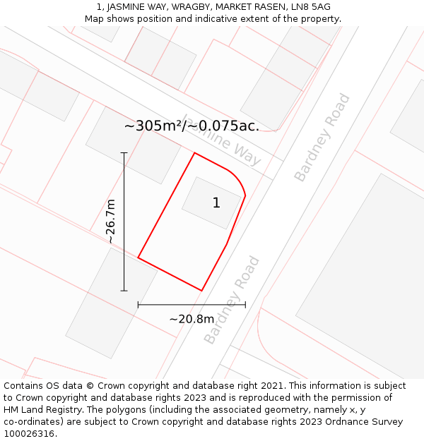 1, JASMINE WAY, WRAGBY, MARKET RASEN, LN8 5AG: Plot and title map