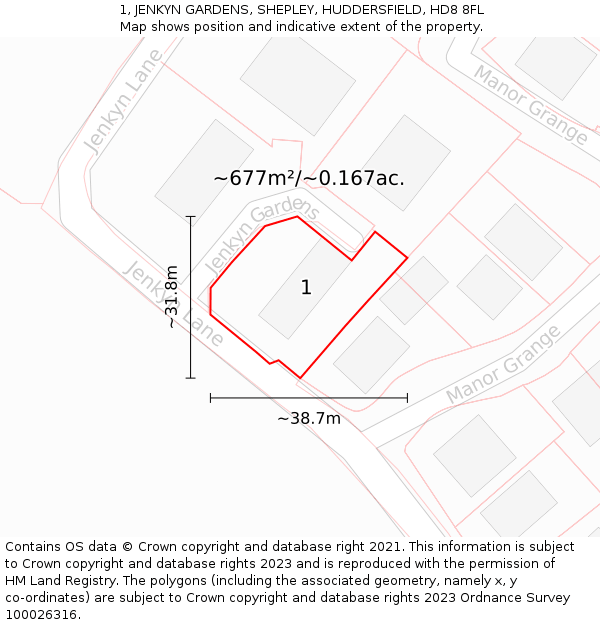 1, JENKYN GARDENS, SHEPLEY, HUDDERSFIELD, HD8 8FL: Plot and title map