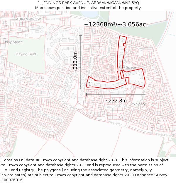 1, JENNINGS PARK AVENUE, ABRAM, WIGAN, WN2 5YQ: Plot and title map