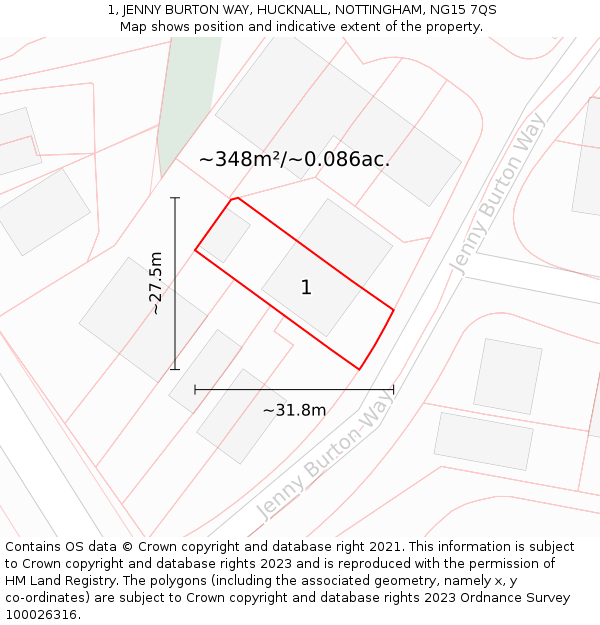 1, JENNY BURTON WAY, HUCKNALL, NOTTINGHAM, NG15 7QS: Plot and title map