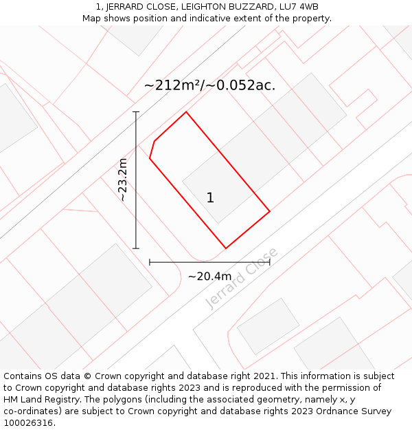 1, JERRARD CLOSE, LEIGHTON BUZZARD, LU7 4WB: Plot and title map