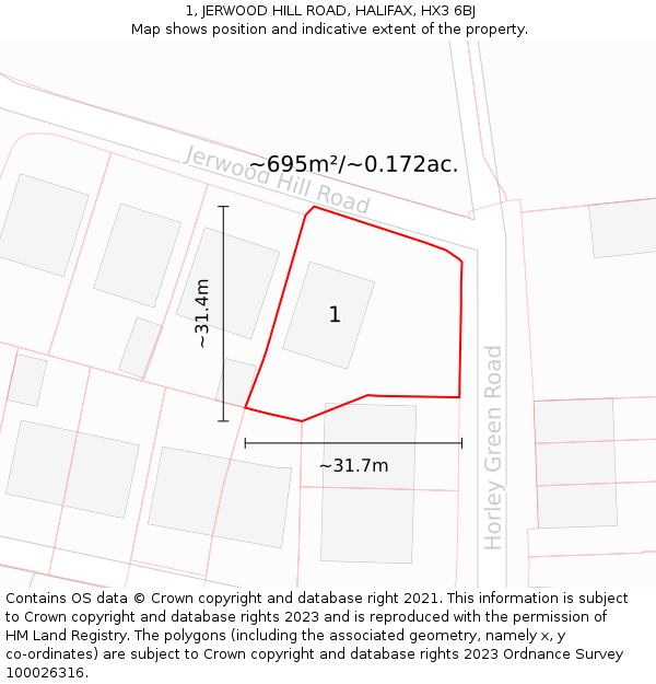 1, JERWOOD HILL ROAD, HALIFAX, HX3 6BJ: Plot and title map