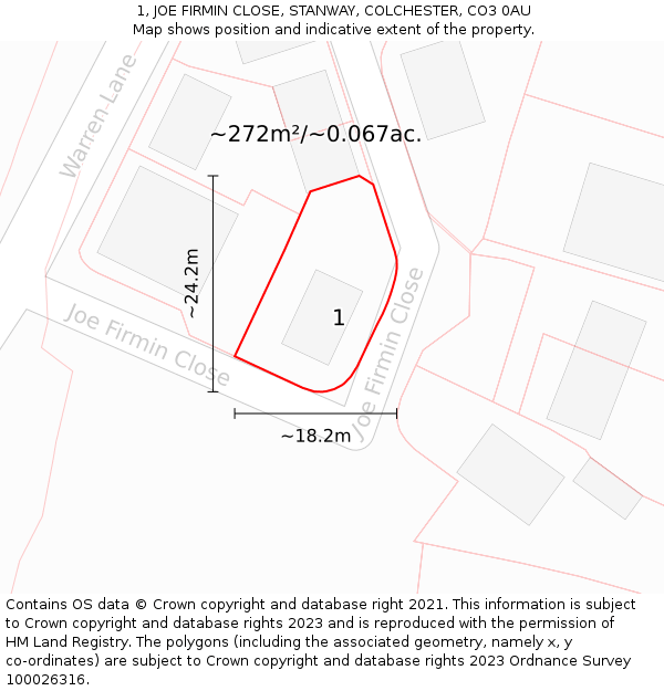 1, JOE FIRMIN CLOSE, STANWAY, COLCHESTER, CO3 0AU: Plot and title map