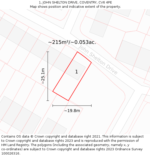 1, JOHN SHELTON DRIVE, COVENTRY, CV6 4PE: Plot and title map