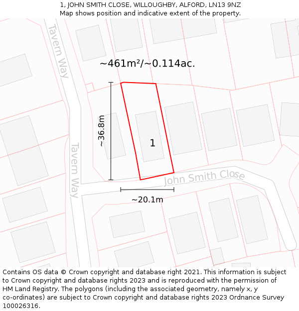1, JOHN SMITH CLOSE, WILLOUGHBY, ALFORD, LN13 9NZ: Plot and title map