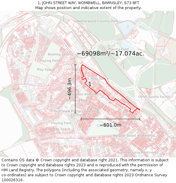 1, JOHN STREET WAY, WOMBWELL, BARNSLEY, S73 8FT: Plot and title map