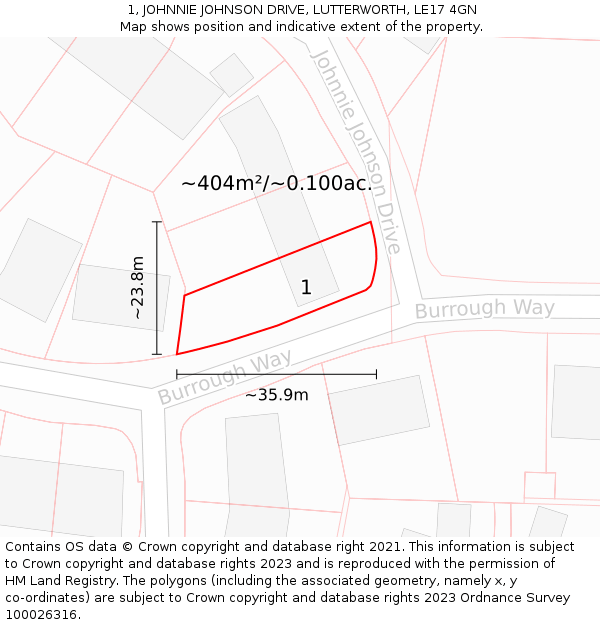 1, JOHNNIE JOHNSON DRIVE, LUTTERWORTH, LE17 4GN: Plot and title map