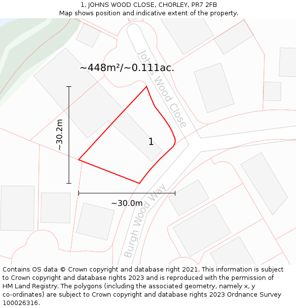 1, JOHNS WOOD CLOSE, CHORLEY, PR7 2FB: Plot and title map