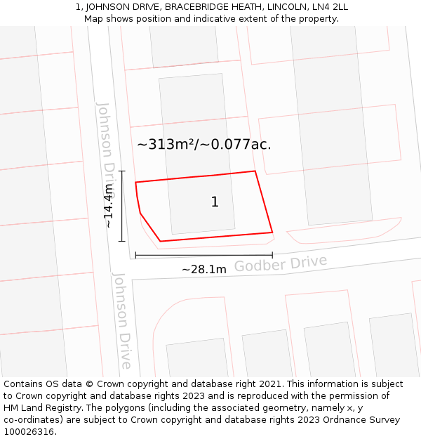 1, JOHNSON DRIVE, BRACEBRIDGE HEATH, LINCOLN, LN4 2LL: Plot and title map