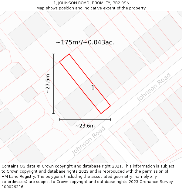 1, JOHNSON ROAD, BROMLEY, BR2 9SN: Plot and title map