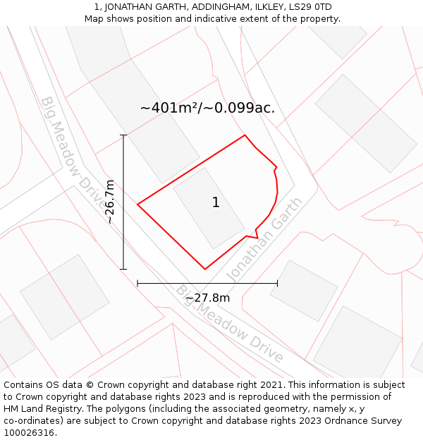 1, JONATHAN GARTH, ADDINGHAM, ILKLEY, LS29 0TD: Plot and title map