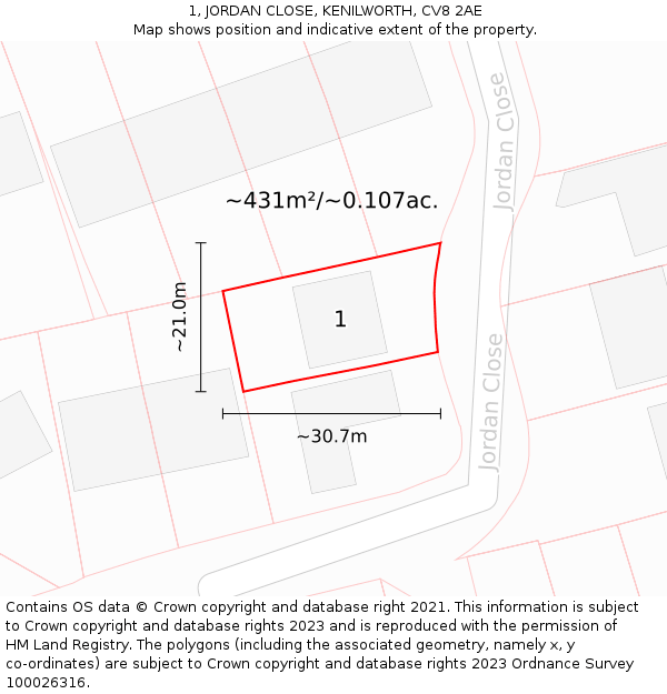 1, JORDAN CLOSE, KENILWORTH, CV8 2AE: Plot and title map